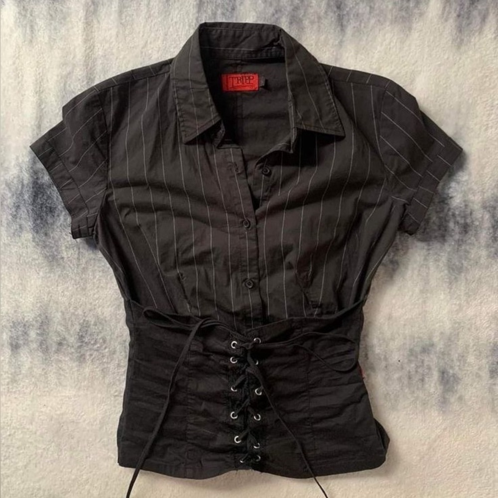 ISO TRIPP NYC black striped button up corset shirt